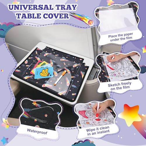Airplane Tray Table Cover for Kids with Pockets, Foldable Tray Table Organizer for Toddler, Plane Travel Essentials Must-Haves for Train Buses High Chairs and Flying Supplies (Meteor Black)