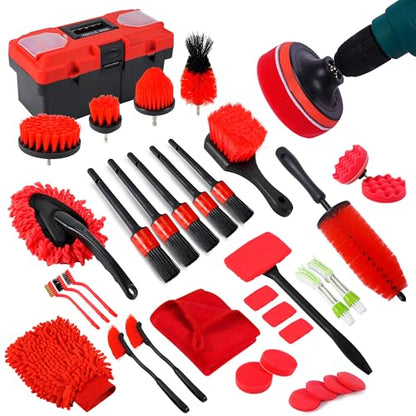35Pcs Car Detailing Kit & Car Cleaning Kit – Windshield Tool, Long Wheel Brush & 2 Angled Brushes, 4 Polishing Pads & 4 Wax Pads – Red Tool Box – Gift for Men (B：35PCS-R)