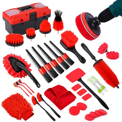 35Pcs Car Detailing Kit & Car Cleaning Kit – Windshield Tool, Long Wheel Brush & 2 Angled Brushes, 4 Polishing Pads & 4 Wax Pads – Red Tool Box – Gift for Men (B：35PCS-R)
