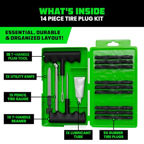 Rhino USA Compact Tire Repair Kit (14-Piece) – Heavy Duty Plug Set with Included Lubricant to Fix Punctures and Seal Flats – Tubeless Tool for Car, Motorcycle, ATV, UTV, RV & Trailer - size: 14 Piece Set