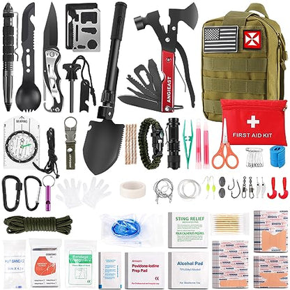 Survival Kit 256 in 1, First Aid Kit Survival Gear Tools Trauma Kit with Molle Pouch for Outdoor, Camping, Hunting, Hiking, Earthquake, Home, Office, Gifts for Men Dad Husband Women - color: Green