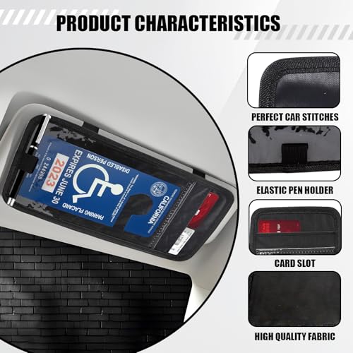 Car Visor Handicap Placard Holder, Disabled Parking Permit Sign Protector for Auto Sun Visor, Disability Parking Placard Holder with Pen Holder, Note Paper Card Slot, Elastic Strap