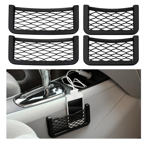 Dickno 4 PCS Car Pocket Phone Net, Universal Seat Side Storage Net Bag with Double Sided Tape, Automotive Frame Storage Net Pocket, Vehicle Interior Organizer for Phone Purse Bag - size: 4PCS