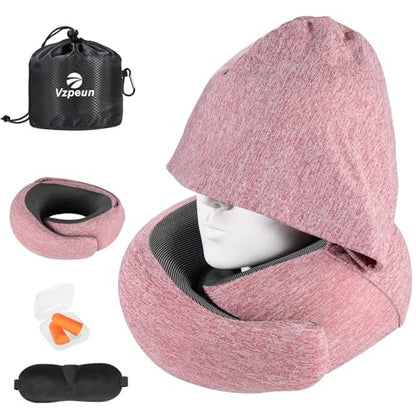 Travel Pillow - Hooded Neck Pillow Airplane Memory Foam Filling for Plane,Cars Sleeping, Road Trip, Long Flights, Portable Plane Accessories, Includes Eye Mask & Earplugs (Red)