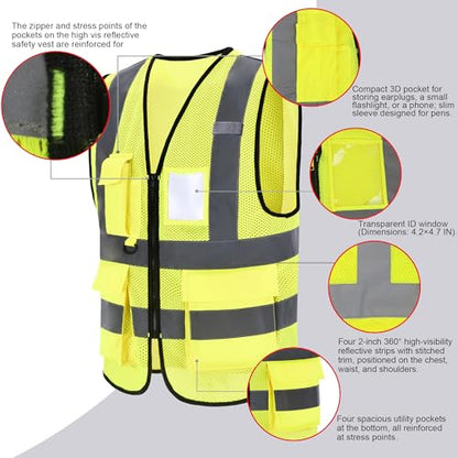 High Vis Safety Vest Reflective Strips, Multi-Pocket Design, Available in Yellow,Orange,black,Pink,blue,Red,purple - color: Yellow, size: 4XL-5XL