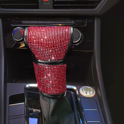 Auto Gear Shift Knob Cover Bling Car Knob Gear Stick Protector PU Leather Shift Gear Cover with Bling Interior Accessories Interior Accessories Universal for SUV Truck (Red) - color: Red