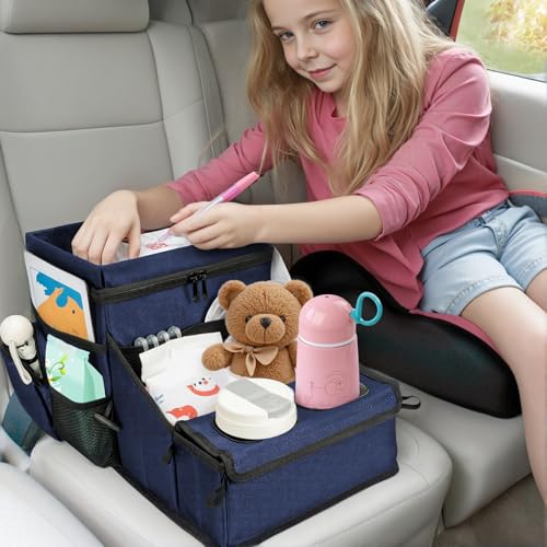 Backseat Organizer for Kids & Adults – Car Seat Cooler Warmer with 2-in-1 Writing Tray, Cup Holders & 11 Storage Compartments | Road Trip Car Organizer for Front & Back Seat (Black) (Navy Blue) - color: Navy Blue