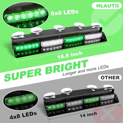 HLauto 604N Emergency Dash Strobe Lights: 2x16.8 inch Green White Security Light with/Take Down, 48 LED Safety Flashing Warning Hazard Interior Windshield Light Bar for Trucks Vehicles - color: #05 Green White