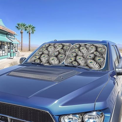 Peacock Feather Car Sun Shade with Reflective Fabric Blocks Sun and Keeps Your Vehicle Cool Foldable Quickly Install Two Pieces Windshield Sun Shade Universal Fit Hatchback SUV Truck Van - color: Black Peacork Leather