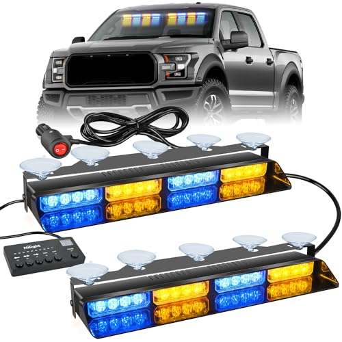 Nilight 32LED Amber Blue Emergency Dash Strobe Lights with Controller Suction Cups Warning Hazard Interior Front/Rear Windshield Deck Split Light Bar for Trucks Construction Vehicles - color: Amber and Blue