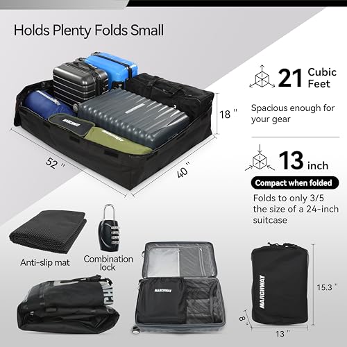 MARCHWAY Waterproof Car Roof Luggage Bag, Weatherproof Soft Shell Rooftop Cargo Carrier Bag for Vehicles with or Without Rack. 6 Door Hooks, Anti Slip Mat, Lock Included (21 Cubic Feet, Black) - size: 21 Cubic Feet, Black