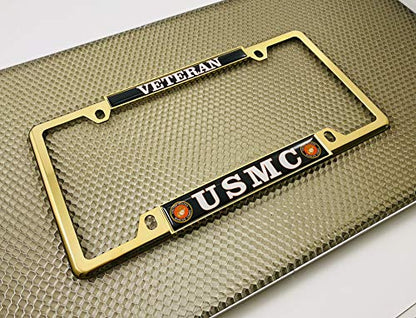 [Officially Licensed US Marine Corps Product] - USMC Veteran - Domed Custom-Made Personalized Narrow (Thin) Top 4 Hole Metal Car License Plate Frame with Free caps - Gold Frame (Qty: 1) - color: Gold - Style 1