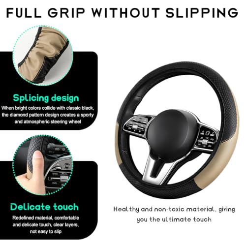Car Steering Wheel Cover, 15 inch Carbon Fiber Microfiber Leather Elastic Steering Wheel Protector, Breathable Anti-Slip Comfortable Steering Wheel Covers for Most Cars (Beige, AD) - color: Beige, AD