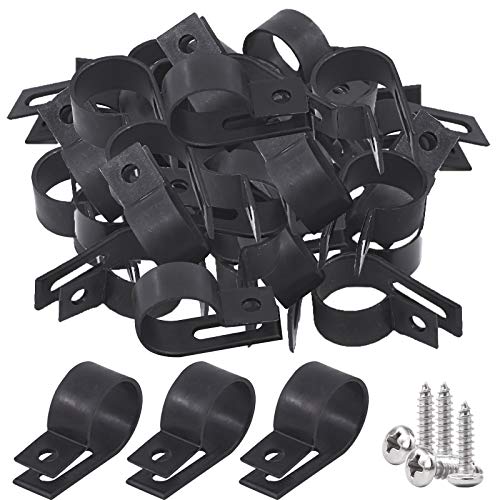 Glarks 60Pcs 3/4 Inch Black Nylon Screw Mounting R-Type Cable Clip Wire Clamp with 60Pcs Screws for Wire, Cable, Conduit and Cable Conduit Kit (Black) - size: 3/4''(19mm)