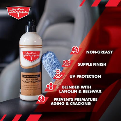Jay Leno's Garage Car Leather Conditioner and Auto Leather Care - Professional Leather Conditioner for Car Seats, Nourishes Protects & Restores, Lanolin & Beeswax Formula, Non-Greasy Finish (16 oz) - style: Conditioner