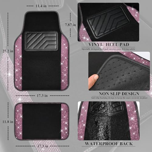 CAR PASS Bling Diamond Car Floor Mat Shining Rhinestones Carpet, Sparkly Glitter Crystal Anti-Slip PVC Heel Pad Automotive Universal Fit for SUV Sedan Car Van, 4pcs for Girl Cute Women, Black Pink - color: Pink Diamond