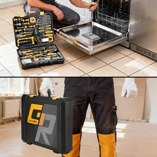 GRENPRO 218 Piece Tool Kit for Home, Tool Box with General Household Hand Tools Set, Herramientas with Screwdrivers, Wrenches, Hammer, Bow Saw, Folding Work Lamp, Electric Pen and Other Basic Tool Kit - style: Yellow Hand Tool Set 218PC