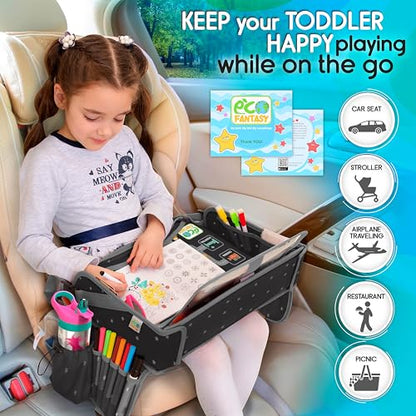Kids Travel Tray - Waterproof Lap Table with No-Drop Large Tablet Holder - Car Seat Tray - Road Trip Essentials Kids - Car Desk Organizer for Airplane - Toddler Travel Essentials - color: PREMIUM BLACK
