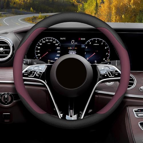 Steering Wheel Cover Standard Size Medium 14.5-15 inch, Breathable Microfiber Leather, Anti-Slip, Soft Grip, Universal Fit for Cars SUVs Trucks, Black and Burgundy - color: Black and Red
