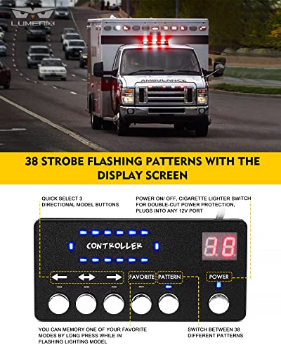 LUMENIX 42 LED Roof Top Strobe Beacon Light Bar Hazard Warning Emergency Flashing Firefighter Lights with Controller for First Responder Vehicles Fire Trucks Snowplow White Red (Patent Design) - color: White Red