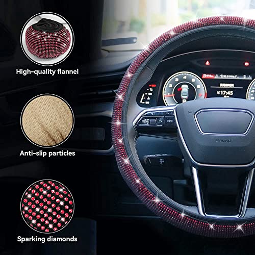 Bling Steering Wheel Cover, Rhinestone Steering Wheel Cover with Crystal Diamond for Women, Sparkling Car Wheel Protector Universal Fit 14-15 inches - Red - color: red