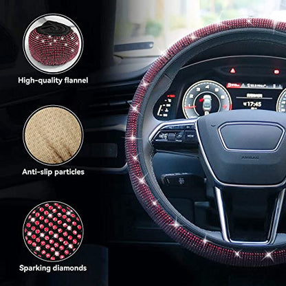 Bling Steering Wheel Cover, Rhinestone Steering Wheel Cover with Crystal Diamond for Women, Sparkling Car Wheel Protector Universal Fit 14-15 inches - Red - color: red