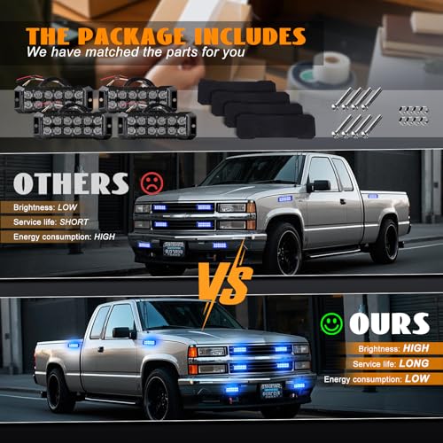 4PCS 12-LED Strobe Lights Ultra Slim Grille Surface Mount Flashing Emergency Safety Warning Lights Sync Feature Hazard Emergency Lights for Vehicles Trucks Cars Firefighter (Blue) - color: Blue 4PCS, size: 4PCS