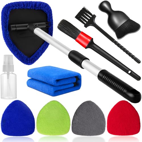 Qydipclin 10pcs Windshield Cleaning Tool Inside Car Window Cleaner Wash Kit with 4 Reusable Microfiber Pads 1 Spray Bottle and Extendable Handle Interior Auto Glass Wiper Kit, Multicolor - color: Blue & Green & Gray & Red