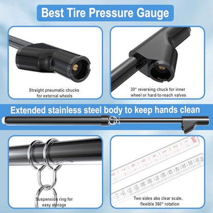 BFXM Truck Tire Pressure Gauge, Air Pressure Gauge for Tires 10-150PSI/ 1-10Bar, Dual Head Pencil Tires Pressure Gauges, Heavy Duty Tire Pressure Gauge for Truck, Cars, Pickups, RVs, Bicycles - color: BLACK 2 PCS