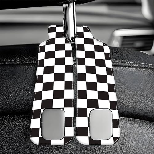 Car Headrest Purse Hanger Black and White Checkered 1 Pack Bag Purse Holder for Car Premium Leather Double Metal Hook for Handbags, Grocery Bags and Phones - color: Black and white checkered