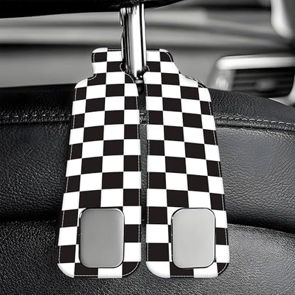 Car Headrest Purse Hanger Black and White Checkered 1 Pack Bag Purse Holder for Car Premium Leather Double Metal Hook for Handbags, Grocery Bags and Phones - color: Black and white checkered