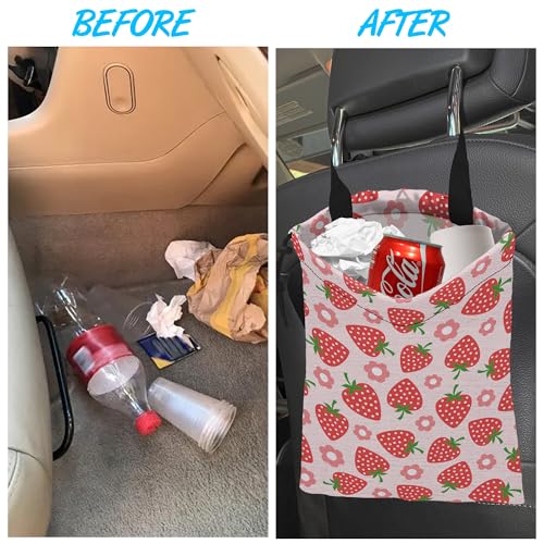 Car Trash Bag Strawberry Flower Car Garbage Bag Hanging Car Trash Can for Back Seat with Drawstring - color: Strawberry Flower