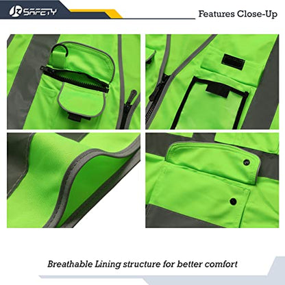 JKSafety 9 Pockets Class 2 High Visibility Zipper Front Safety Vest With Reflective Strips, Meets ANSI/ISEA Standards (Medium, 150-Green) - color: Green, size: Medium