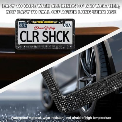DXNQ Bling License Plate Frame, Sparkly Rhinestone Diamond License Plate Cover with Crystal Screws Caps, Glitter Crystal Stainless Steel License Plate Holder for Women, Car Accessories (Black,2PCS) - color: Black,2PCS