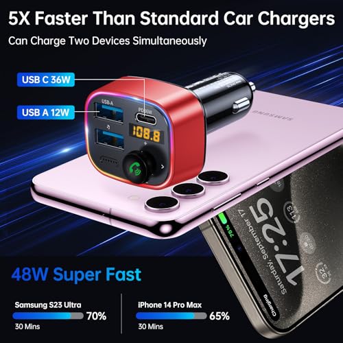Syncwire Bluetooth 5.4 FM Transmitter Car Adapter 48W (PD 36W & 12W) [Light Switch] [Hi-Fi Deep Bass] [Fast Charge] Wireless Radio Music Adapter LED Display Hands-Free Calling Support USB Drive, Red - color: Red, style: 48W