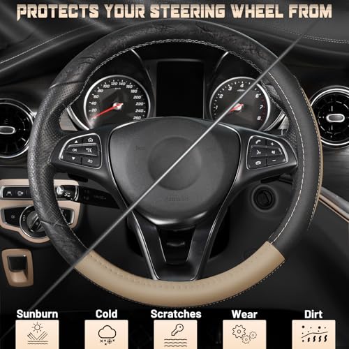 SEG Direct Car Steering Wheel Cover Universal Standard Size 14.5-15 inch, Black and Beige Microfiber Leather - color: Black and Beige, size: Standard size[14 1/2''-15'']