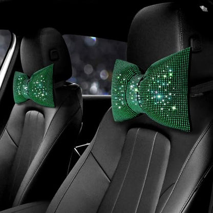 surpassme 2PCS Rhinestone Car Headrest Neck Pillow for Driving with Bling Bling Crystal Bow Pillow Car Accessories for Women (Green) - color: 2 Green Pillows