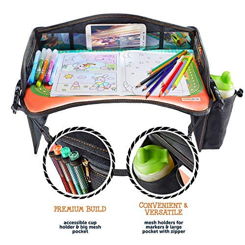 Coolmum Kids Travel Tray, Toddler Car Seat Tray, Double Sided Activity Organizer, Snack Lap Tray, Baby Stroller Table, Airplane Play Table, Waterproof and Foldable (Premium Black) - color: Premium Black