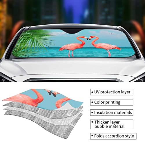 Tropical Flamingos Car Windshield Sunshade Foldable Sun Visor Front Window Sun Shade Cover For Car Truck Suv 55x29.9 Inches - color: Flamingos