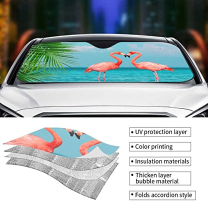 Tropical Flamingos Car Windshield Sunshade Foldable Sun Visor Front Window Sun Shade Cover For Car Truck Suv 55x29.9 Inches - color: Flamingos