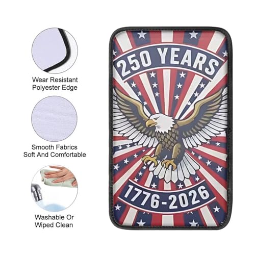 Dreaweet 250th Anniversary Car Center Console Cover Patriotic Eagle Flag Car Accessories Soft Scratch Proof Armrest Cover Center Console Cushion Pad Easy to Install - color: Bald Eagle 250 Years