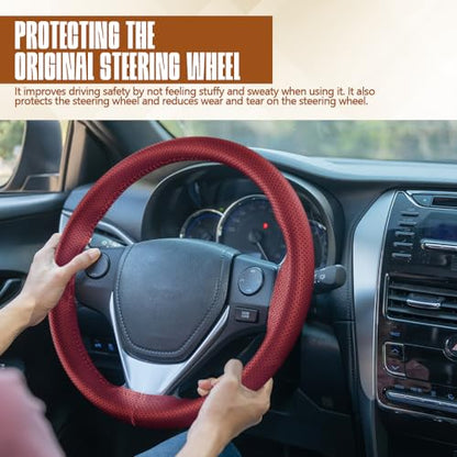 Leather Steering Wheel Cover, Lace Up, 15 inch, Wine Red, Universal Car Steering Wheel Protector - color: Wine red, size: 15 inch - Hole