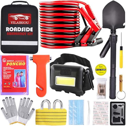 Car Roadside Emergency Kit, with Jumper Cables Automotive Kit,Car Safety Roadside Assistance Kit Headlamp,Tow Straps, Safety Hammers, Rainwear, Gloves.Black - color: Gray