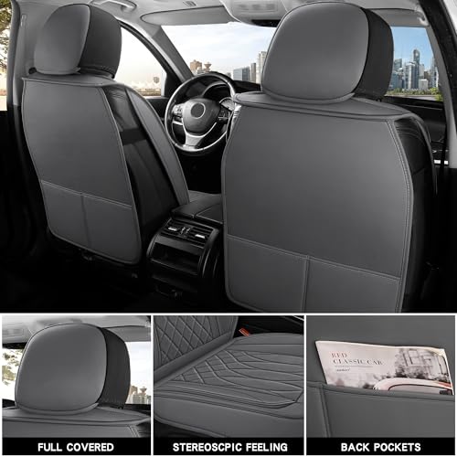 IRONTREE Leather Car Seat Covers Full Set, Waterproof Faux Leather Seat Covers for Cars, Non-Slip Car Interior Covers Universal Fit for Most Cars Sedans Trucks SUVs (Grey, Full Set)