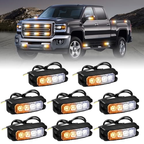 XRIDONSEN 8PCS Sync Truck Grill Lights 32 LED Strobe Lights Amber White Grille Surface Mount Emergency Flashing Warning Safety Hazard Caution Light for Tow Plow Trucks Construction Vehicles Car - color: Amber/White
