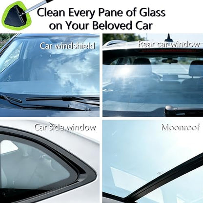 Microfiber Car Windshield Cleaning Tool with Extendable Handle,Car Defogging Glass Cleaning Brush with 4 Reusable Microfiber Pads 1 Spray Bottle and 1 Car Dust Removal Brush. (Green) - color: green