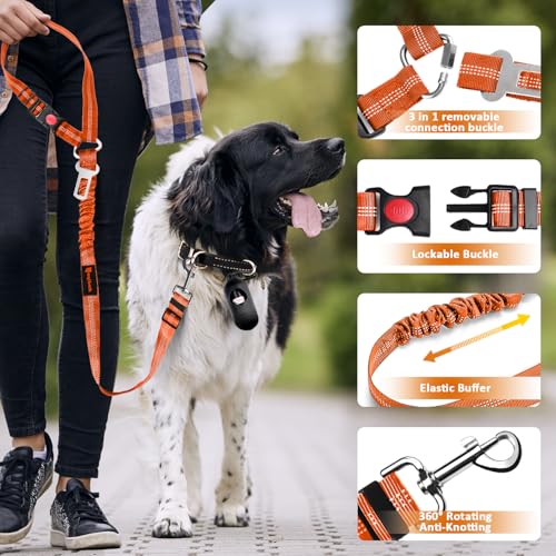 Removable Dog Seat Belt Harness for Car, 3 in 1 Pet Dog Car Seatbelt Leash, Retractable Restraint Secures to Vehicle Headrest & Adjustable Reflective Bungee Dog Seatbelt Tether,Orange - color: 2PCS Orange