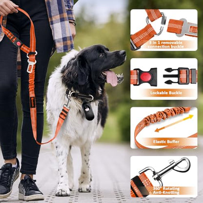 Removable Dog Seat Belt Harness for Car, 3 in 1 Pet Dog Car Seatbelt Leash, Retractable Restraint Secures to Vehicle Headrest & Adjustable Reflective Bungee Dog Seatbelt Tether,Orange - color: 2PCS Orange