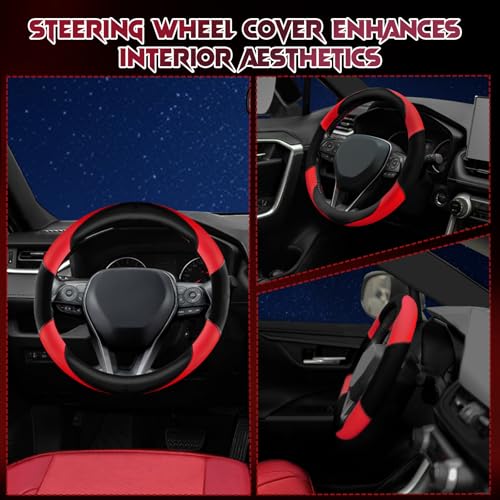 Soft Leather Steering Wheel Cover with Breathable Design and Anti-Slip Grip, Specially Designed for 14.5-15.2 inch Circular Steering Wheels - color: DOUBLE-RED