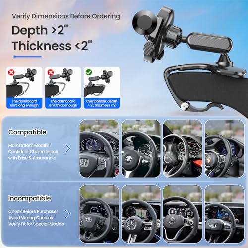 Car Phone Holder Dashboard Phone Mount, 2025 Upgraded 360 Degree Rotation Multifunctional Clip Design, Universal Car Phone Mount Compatible with 4–7 Inch Cell Phones (Black)